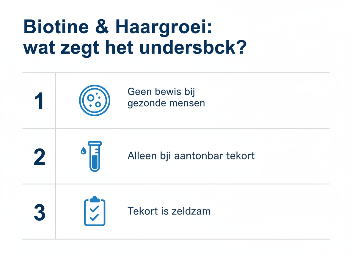 Infographic: samenvatting wetenschappelijk onderzoek naar biotine en haargroei — geen bewijs bij gezonde mensen