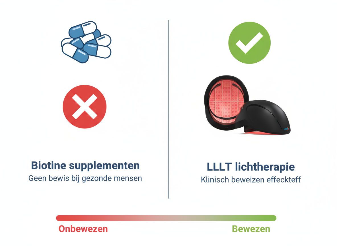 Infographic: vergelijking biotine supplementen versus LLLT lichttherapie — onbewezen vs klinisch bewezen