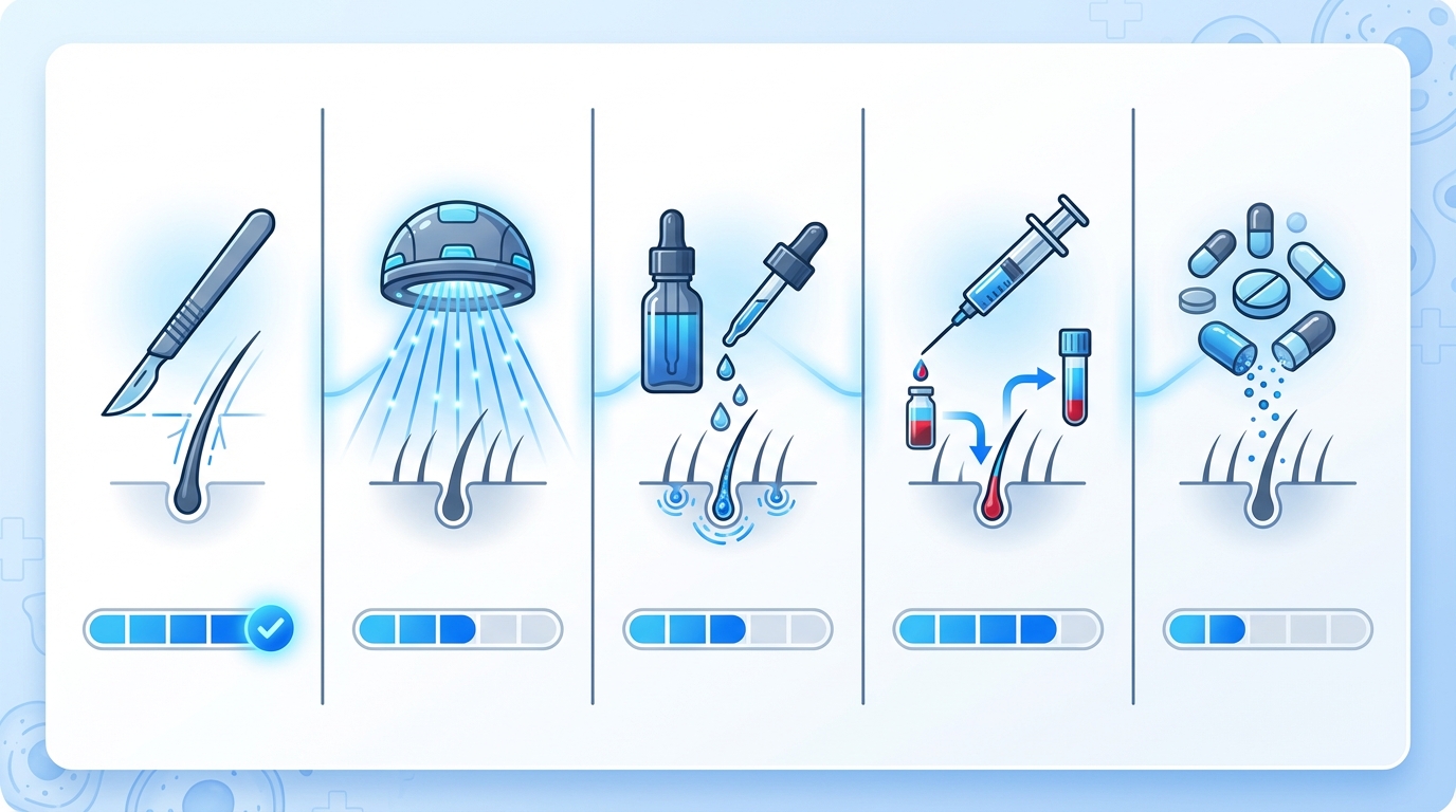 Infographic: vergelijking van bewezen haaruitval behandelingen — transplantatie, laserhelm, finasteride/dutasteride, minoxidil, PRP en supplementen