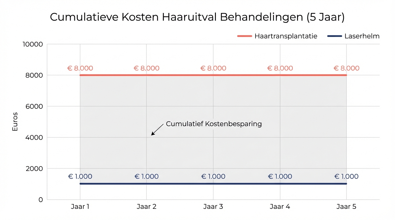 Grafiek: cumulatieve kosten haartransplantatie versus laserhelm over vijf jaar