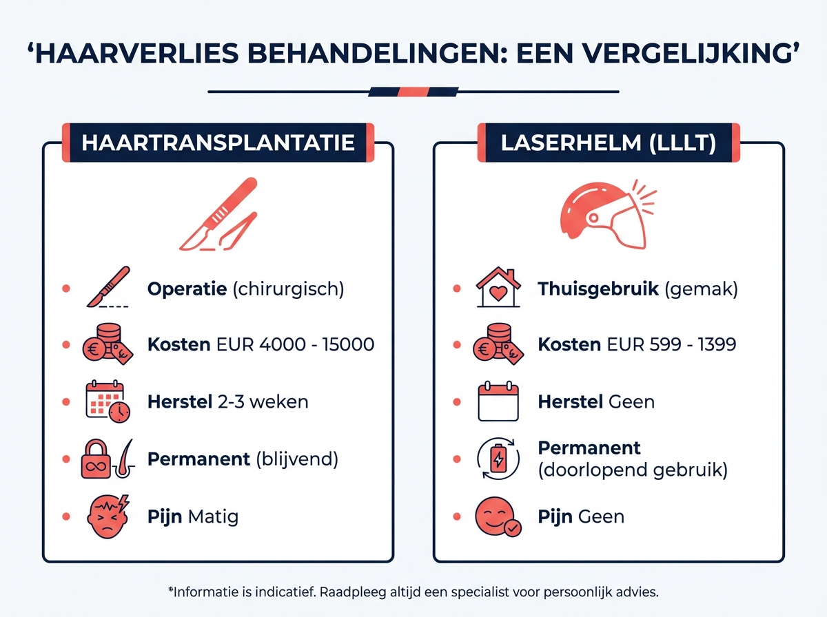 Infographic: vergelijking haartransplantatie versus laserhelm LLLT op kosten, herstel, pijn, permanentie en gebruiksgemak