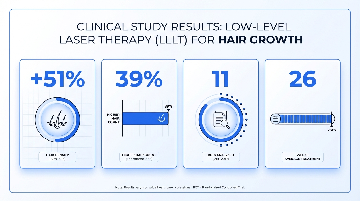 Infographic: resultaten van klinische studies naar LLLT-haargroei met percentages haardichtheid toename